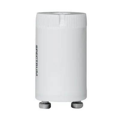 A white cylindrical object with a ribbed top and two metal prongs at the bottom, against a white background.