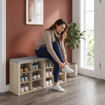 Produktbild von Schuhbank mit Sitzfläche, 12 Fächern, Eiche | Schuhschrank mit Sitzbank, Verstellbare Ablagen, Für Wohnzimmer, Schlafzimmer, Flur