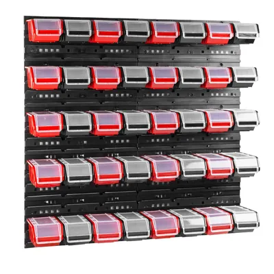 Image de Bacs gerbables panneaux muraux avec bacs Étagère de tri 40 pcs. Box avec couvercle Étagère murale 80 x 80 cm Étagère murale d'atelier Étagère à bacs avec couvercle transparent Bacs à bec Système de stockage en plastique