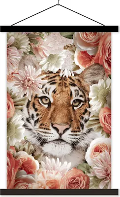 Produktbild von MuchoWow® Textilposter Tiger - Blumen - Porträt 40x60 cm mit schwarzem Rahmen - Wanddekorationen