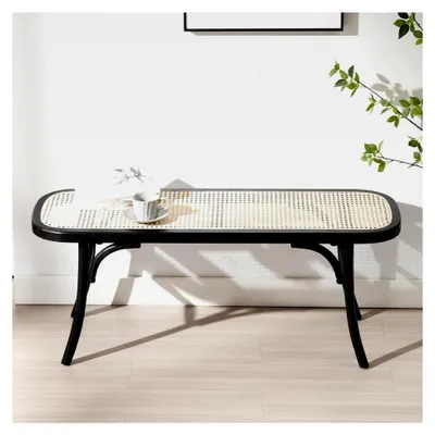 Produktbild von Rattanbank Sitzbank Flur Holz, Eingangsbank Atmungsaktive Küchenbank Esszimmerbank Natur für Esszimmer/Schlafzimmer/Balkon (Schwarz)