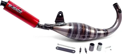 A red and silver exhaust system for a motorcycle, displayed on a white background.