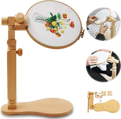 A collage of images showing a wooden embroidery hoop stand with a hoop containing an embroidered floral design, and close-ups of hands using the stand.