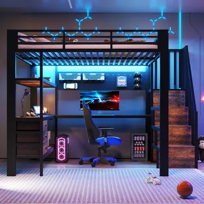Productafbeelding van Hoogslaper 140 x 200 cm, metalen bed met bureau, 3 lades, opbergruimte, prikbord, opbergtrap, stopcontact en LED-verlichting, zonder matras, zwart