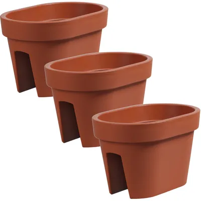 Three terracotta-colored oval balcony planters are arranged in a staggered formation against a white background.