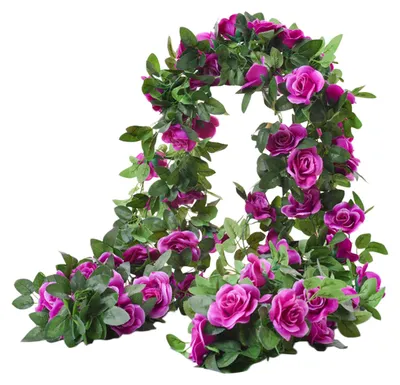 Produktbild von 220 cm lange künstliche Rosengirlande mit 16 Blütenköpfen, UV-beständig, realistische Kunstblumen aus Rattan, ideal als hängende Dekoration für Hochzeiten und Partys.
