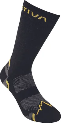 Schwarze Wandersocke von La Sportiva mit grauen und gelben Akzenten; ideal für Outdoor-Aktivitäten.