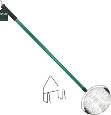A product shot of a nut collector tool with a green handle and a wire basket, along with a small metal stand.