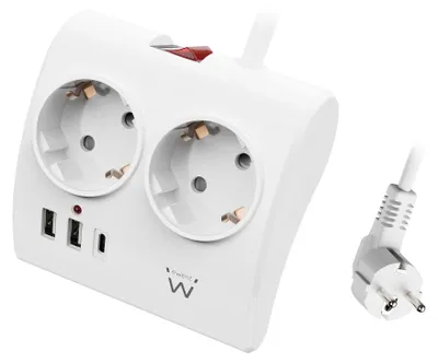 Produktbild von Ewent Mehrfachsteckdose für Schreibtisch/Tisch mit 2 Schuko-Steckdosen und 2 USB-A-Anschlüssen und 1 USB-C-Anschluss, Ein-/Ausschalter, 3680 W, Überlastschutz, 16 A Schukostecker und 1,5 m Kabel, Weiß