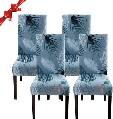 Productafbeelding van Universele stoelhoesjes, 4 stuks, stretch, set van 4 moderne stoelhoesjes, geschikt voor schommelstoelen, elastische en duurzame stoelhoesjes voor eetkamers, banketten en decoratie (blauwe bladeren, 4 stuks)