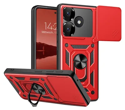A red and black rugged phone case with a camera cover and a ring stand, shown from multiple angles.