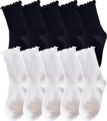 Produktbild von 10 Paar Rüschen Socken Damen Weiße/Schwarz Baumwolle Socken mit Rüschen Damen Bequeme Atmungsaktive Socken Rüschen Sneakersocken Stricksocken für Sport und Freizeit, Größe 35-42