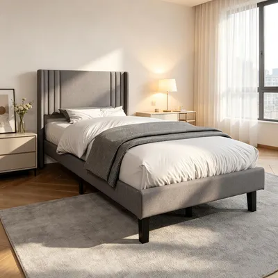 Productafbeelding van INONEFT Boxspringbed, gestoffeerd bed 90x200 cm, eenpersoonsbed met lattenbodem – Stabiel bedframe van hout en metaal, eenpersoonsbed met hoofdeinde, grijs, linnen