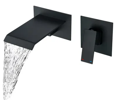 Produktbild von Wandmontage Wasserhahn Schwarz - Wasserfall - Waschbeckenarmatur - Einbau