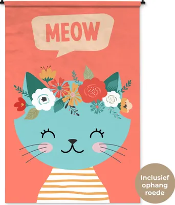 Produktbild von MuchoWow® Wandteppich Wandbehang Katze - Blumen - Blau 120x180 cm Tapisserie Dekoration Wandtuch - Schlafzimmer - Dekorationen für das Haus