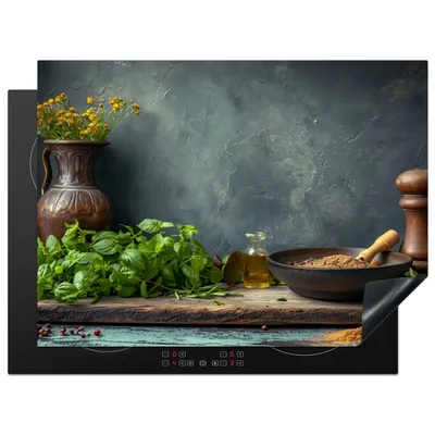 Produktbild von KitchenYeah© Herdabdeckplatte Stilleben - Küche - Kräuter , 71x52cm, Küche Deko, Glaskeramikkochfeld Herdabdeckung, Abdeckplatte fùr Kochfeld
