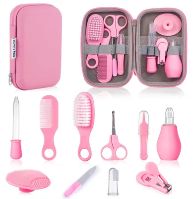 Image de Kit de soins pour bébé, 12 pièces, rose, comprenant une coupe-ongles et une brosse à cheveux, pour nouveau-nés