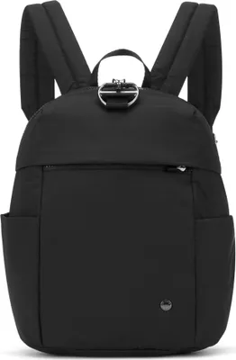 A black backpack is shown against a white background.