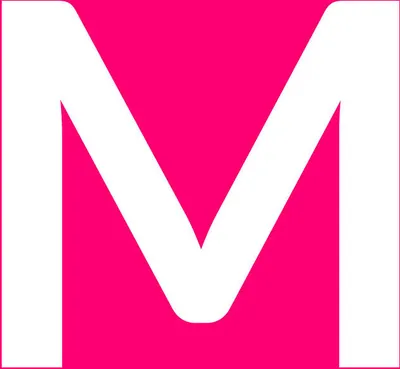 A large white letter M on a pink background.