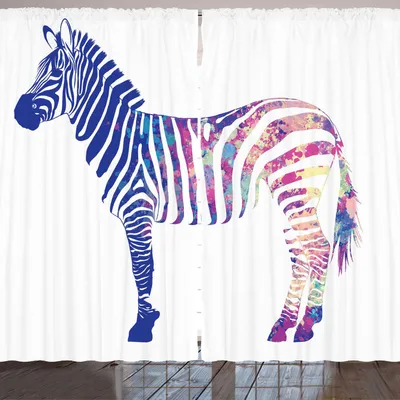 Zdjęcie produktu dla ARANDE Zasłona zebra, motyw zwierzęcy z kolorowymi paskami i akwarelowymi plamami, 280 x 245 cm, niebieska wielokolorowa