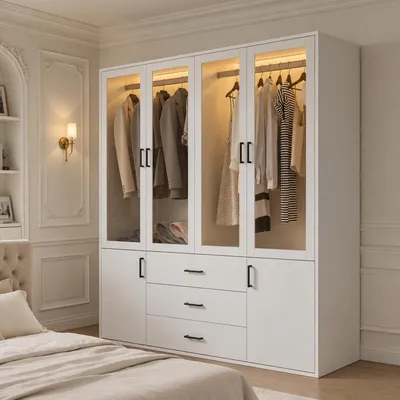 Produktbild von INONEFT Kleiderschrank mit LED und 6 Türig und 3 Schubladen, 160×51.8×181.5cm, Garderobenschrank, Drehtürenschrank, Schlafzimmerschrank, Schrank, weiß