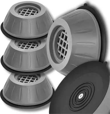 A set of four anti-vibration pads for appliances, with one pad shown in close-up.