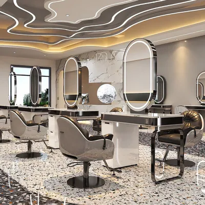 Produktbild von 360Home Frisiertisch mit LED Spiegel Stylingstation Bedienplatz Friseursalon Schrank mit Schubladen Frisierplatz mit Edelstahlrahmen SchwarzD-2-Sitzer