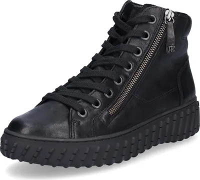 A black high-top sneaker is shown from a three-quarter angle against a white background.