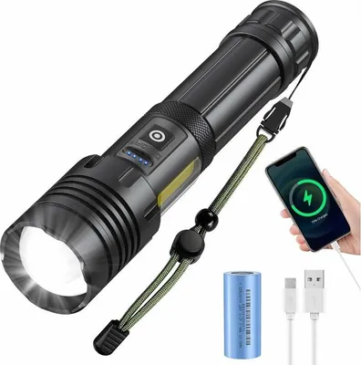 Produktbild von LED-Taschenlampe 3000 Lumen, Wiederaufladbar, Zoombar, 3400 mAh Akku, Für Camping, Wandern, Notfälle
