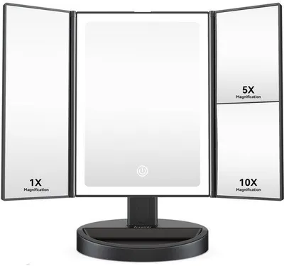Obrázok produktu pre Zrkadlo na líčenie s osvetlením, zväčšovacie 10x/5x/1x, 3 farby svetla, LED osvetlenie, nabíjateľné cez USB, čierne zrkadlo