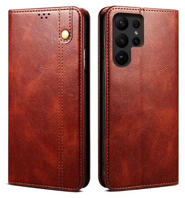 A brown leather flip wallet case for a smartphone is shown from two angles.