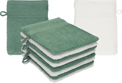 Produktbild von Betz 10 Stück Waschhandschuhe 16x21 cm PREMIUM 100% Baumwolle  Farbe: tannengrün - weiß