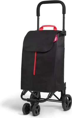 A black shopping trolley with red accents is shown against a white background.