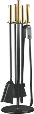 Produktbild von Kaminbesteck Kamingarnitur aus Metall - Griffe Messing - schwarz beschichtet – 4-teilig
