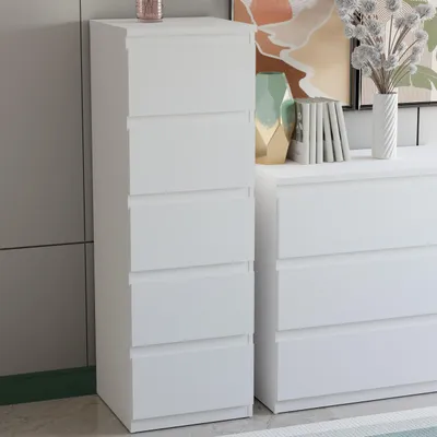Produktbild von Forte EDMORE Kommode 40 50, moderne, vertikale Kommode mit 5 Schubladen, Holzwerkstoff, Weiß, 41,8 cm breit x 128 cm hoch x 42,2 cm tief