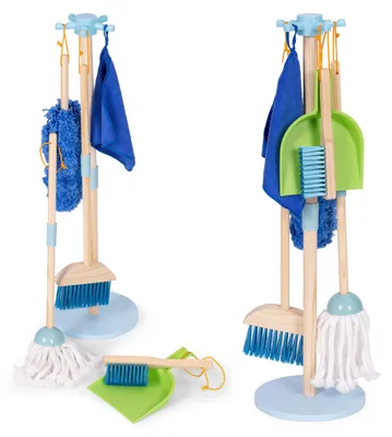 Obrázok produktu pre Detská drevená hračka – set na upratovanie 7 ks ECOTOYS: mop, metla, lopatka, stojan