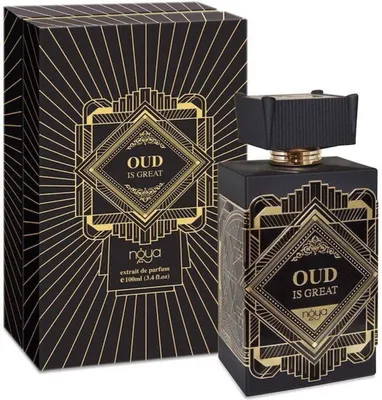 A product shot of a perfume bottle and its box, both featuring a black and gold art deco design.