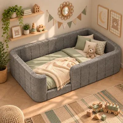 Produktbild von Kinderbett 90 x 190 cm mit Rausfallschutz und Lattenrost, Chenille-Bezug, Grau