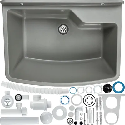 Produktbild von Waschbecken, 61 cm x 44 cm x 23,5 cm, Kunststoff, Waschtrog mit Überlauf, Siphon, Spülbecken inklusive Zubehör, für Waschraum und Garten (Grau)