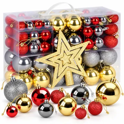 Produktbild von Weihnachtskugeln 108er Set, Christbaumkugeln Kunststoff Set, Christbaumschmuck mit Baumkronensterne, Weihnachtsdeko ∅ 3/4/6 cm, Rot Gold Grau
