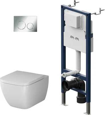 Produktbild von AM.PM Wand-WC spülrandlos Set mit Vorwandelement Komplettset Unterputz Spülkasten Vorwandspülkasten Keramik Unterputzspülkasten Schüssel Drückerplatte