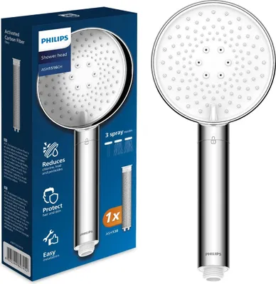 A product box and the shower head itself are displayed.