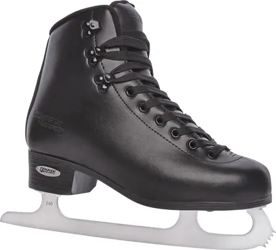 A black ice skate on a white background.