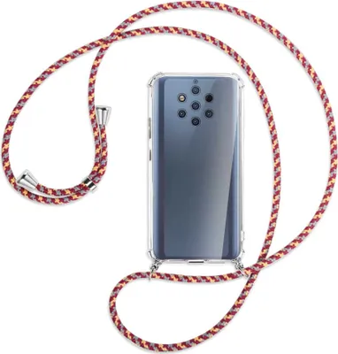 Produktbild von Handykette Backcover-Schutzhülle mit Band (Metall silberfarben) für Nokia 9 PureView - weinrot/gelb/grau