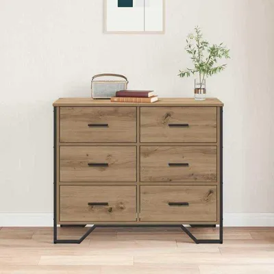 Image de Commode à 6 tiroirs – Meuble de rangement avec serrure – Dimensions : 91 x 35,5 x 74,5 cm – Bois de chêne