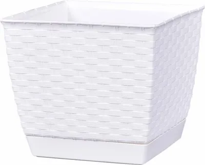 A white square planter with a woven texture and a matching saucer, isolated on a white background.