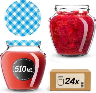Productafbeelding van KADAX Inmaakpotten, 510 ml, met schroefdeksel, diameter 82 mm. Inmaakpotten met deksel, geschikt voor het inmaken van honing, fruit en groenten. Inmaakpotten (blauw geruit, 24 stuks)