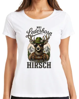 Produktbild von Mei Lederhosn trogt no da Hirsch  Bayern Lederhose Damen T-Shirt, Weiß, XL