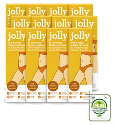 Imagen del producto de 12 unidades de cera depilatoria Jolly, sabor a caramelo, con 20 tiras de cera cada una. Pack grande