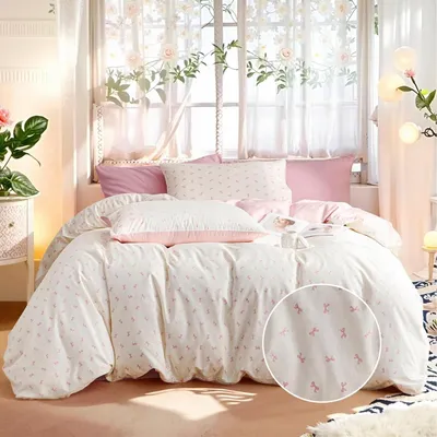 Produktbild von Bettwäsche Set 220x240cm Baumwolle Beige Rosa mit Schleifenmuster 1 Bettbezug + 2 Kissenbezüge 80x80cm